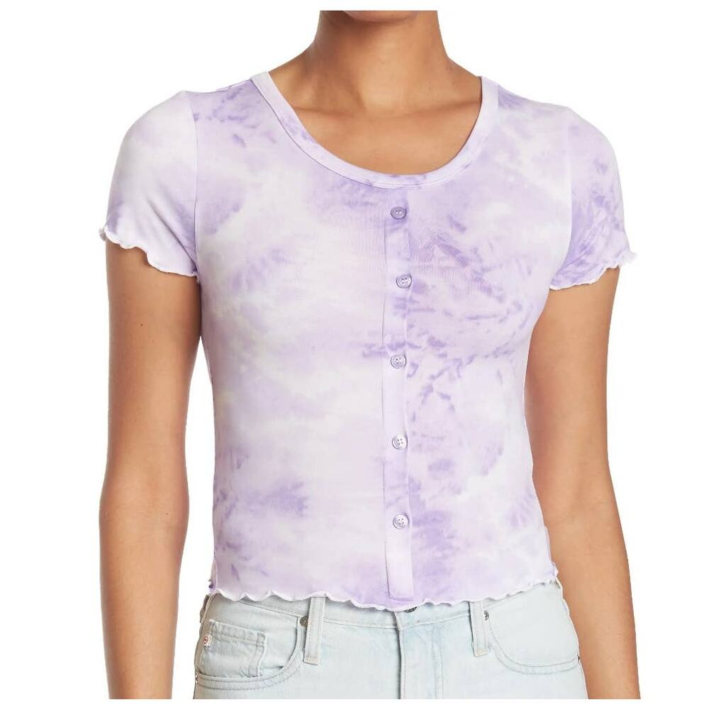 Abound Lettuce Edge Crop Button Trim Scoop Neck Top Sz Large Purple Tie Dye NWT